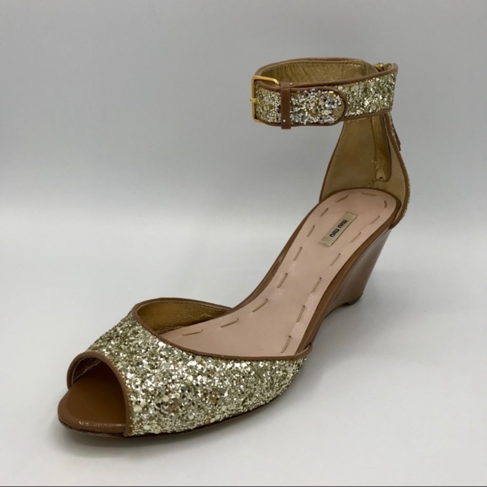 Miu Miu Pewter Gold Glitter Peep-Toe Wedges